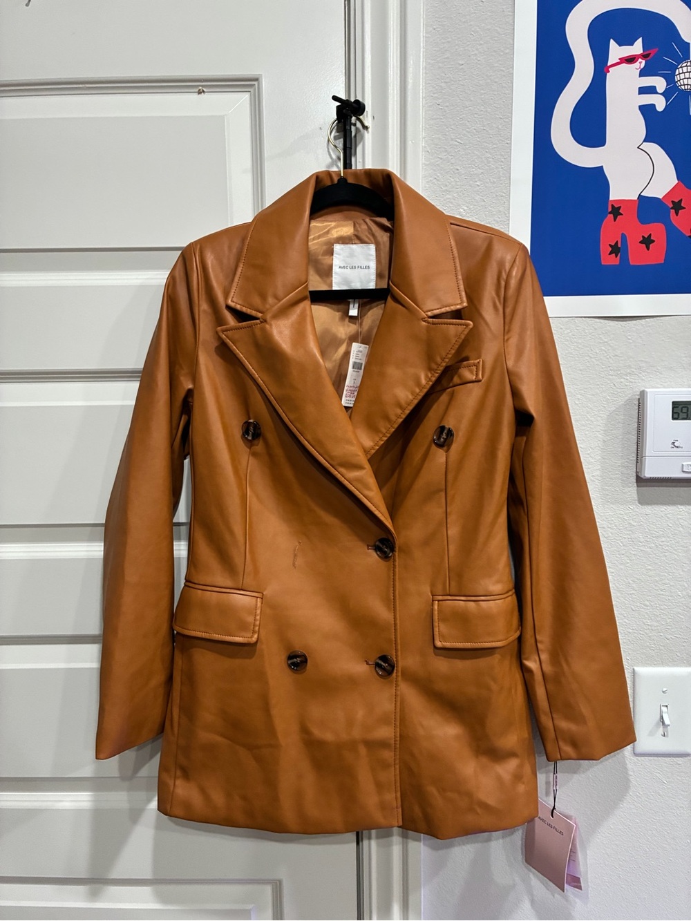 Avec Les Filles Cognac Brown Leather Double-Breasted Blazer